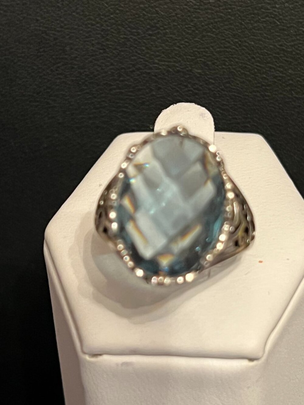 Vintage Style Blue Topaz-Colored Silver-Tone Ring Size 7 (441)